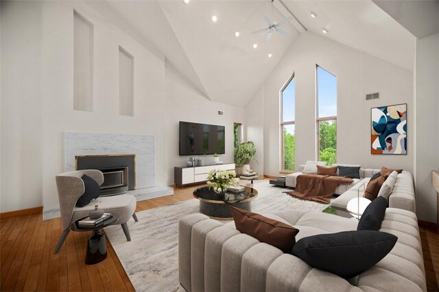 240 Rte 88, Monongahela, PA 15063 - living room with high vaulted ceiling, light wood-type flooring, a ceiling fan, and a fireplace