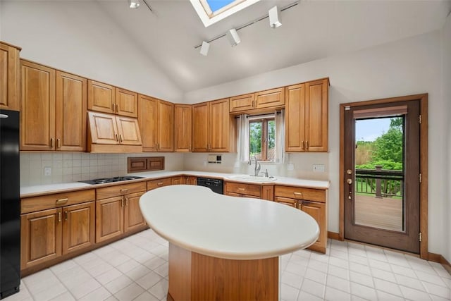 240 Rte 88, Monongahela, PA 15063 - kitchen with a skylight, black appliances, light countertops, rail lighting, and a kitchen island