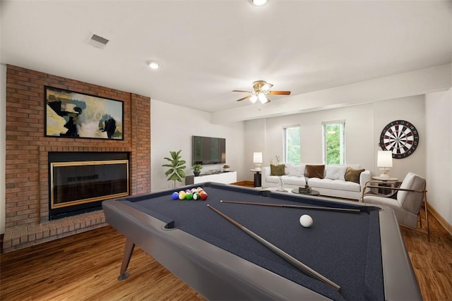 240 Rte 88, Monongahela, PA 15063 - recreation room featuring wood finished floors, a ceiling fan, a brick fireplace, and billiards