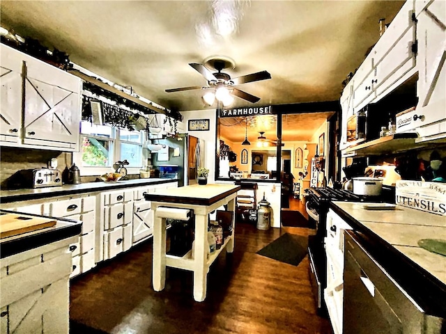 5569 Bull Creek Rd, Fawn Twp, PA 15084 - kitchen featuring white cabinets, open shelves, freestanding refrigerator, a ceiling fan, and a center island