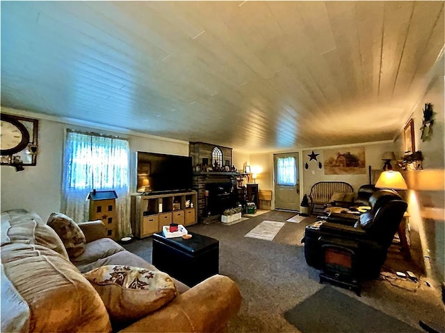 5569 Bull Creek Rd, Fawn Twp, PA 15084 - living area featuring wood ceiling, carpet flooring, ornamental molding, and a wood stove