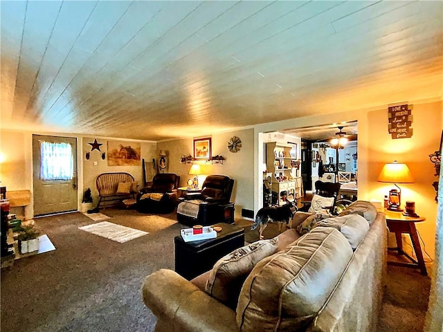 5569 Bull Creek Rd, Fawn Twp, PA 15084 - living area with a ceiling fan, wooden ceiling, and carpet