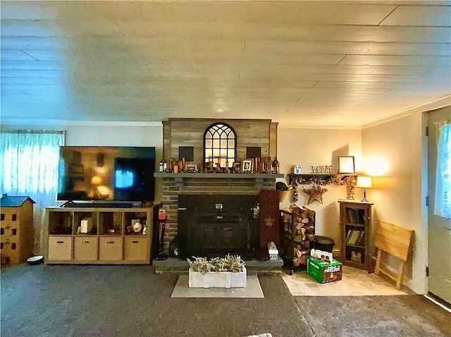5569 Bull Creek Rd, Fawn Twp, PA 15084 - living room with crown molding and a fireplace with raised hearth