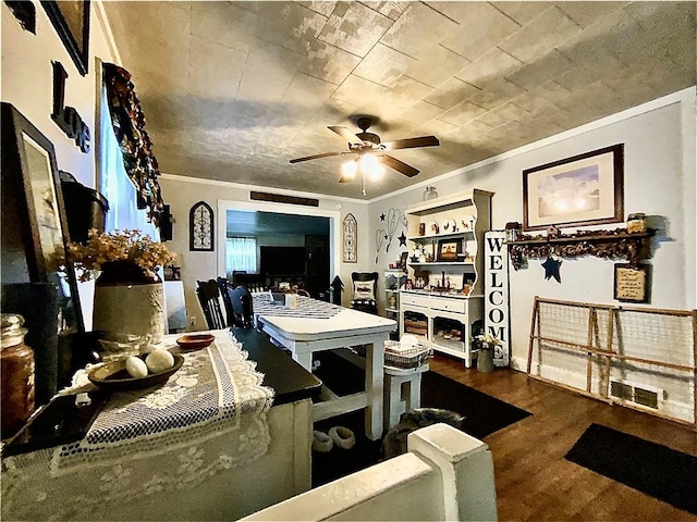 5569 Bull Creek Rd, Fawn Twp, PA 15084 - office with ornamental molding, a ceiling fan, and wood finished floors