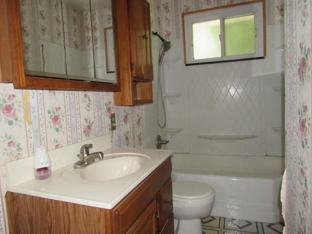 129 Windsor Dr, Penn Hills, PA 15235 - full bathroom with wallpapered walls, vanity, and shower / bathtub combination with curtain