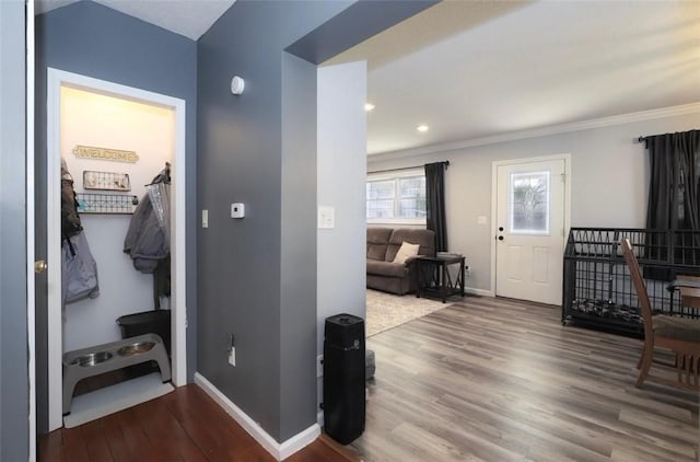 407 1st St, South Union Twp, PA 15401 - corridor featuring wood finished floors, ornamental molding, and recessed lighting