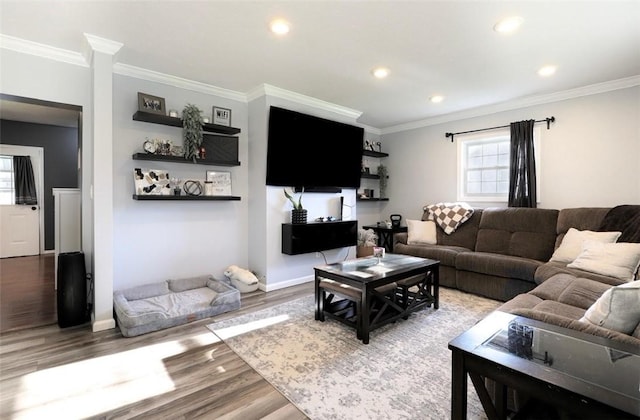 407 1st St, South Union Twp, PA 15401 - living area with crown molding, wood finished floors, and recessed lighting