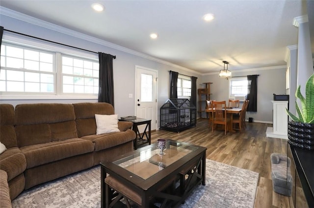 407 1st St, South Union Twp, PA 15401 - living area with wood finished floors, ornamental molding, and recessed lighting