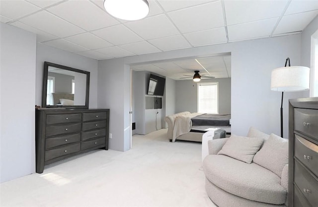 407 1st St, South Union Twp, PA 15401 - living area featuring a paneled ceiling, light colored carpet, and a ceiling fan