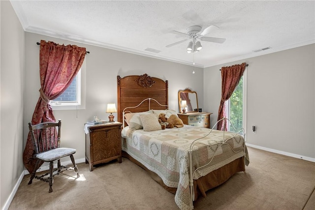 117 Scarborough Ln, Peters Twp, PA 15317 - bedroom with light colored carpet, crown molding, a ceiling fan, and a textured ceiling