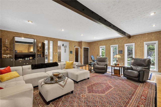 117 Scarborough Ln, Peters Twp, PA 15317 - living area with wood finished floors, a textured ceiling, recessed lighting, and beam ceiling
