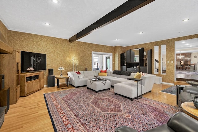 117 Scarborough Ln, Peters Twp, PA 15317 - living area with light wood-type flooring, wallpapered walls, recessed lighting, ornamental molding, and beam ceiling