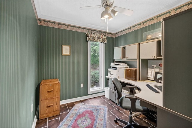 117 Scarborough Ln, Peters Twp, PA 15317 - home office featuring ceiling fan, crown molding, dark tile patterned flooring, and wallpapered walls
