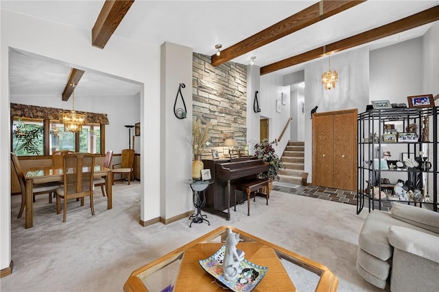 12169 Pine Crest Ct, North Huntingdon, PA 15085 - living area featuring a chandelier, carpet, beamed ceiling, and stairway