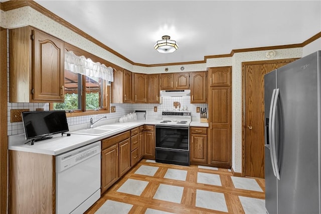 12169 Pine Crest Ct, North Huntingdon, PA 15085 - kitchen featuring stainless steel fridge with ice dispenser, white dishwasher, electric stove, under cabinet range hood, and crown molding