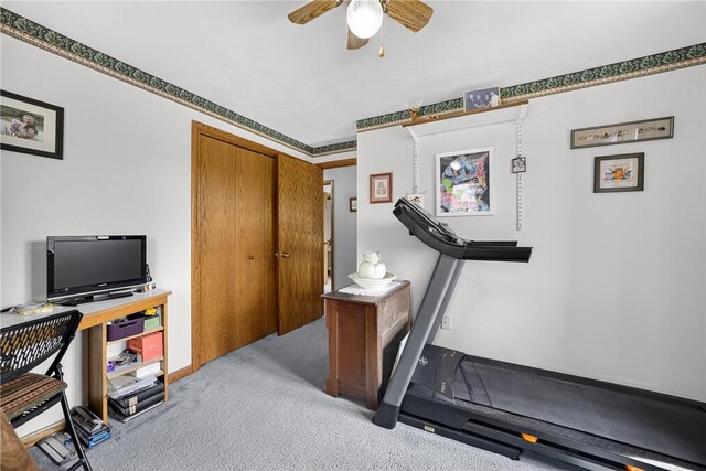 12169 Pine Crest Ct, North Huntingdon, PA 15085 - exercise room featuring a ceiling fan and carpet flooring