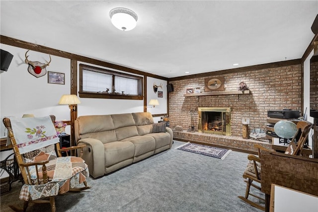 12169 Pine Crest Ct, North Huntingdon, PA 15085 - carpeted living room featuring a brick fireplace and brick wall