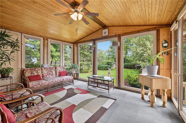 12169 Pine Crest Ct, North Huntingdon, PA 15085 - sunroom featuring wood ceiling, ceiling fan, vaulted ceiling, carpet floors, and outdoor lounge area