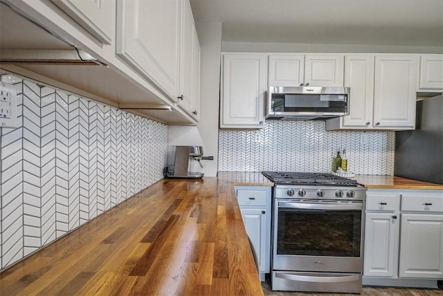 2125 Vodeli St, Beechview, PA 15216 - kitchen with wooden counters, appliances with stainless steel finishes, white cabinetry, and backsplash