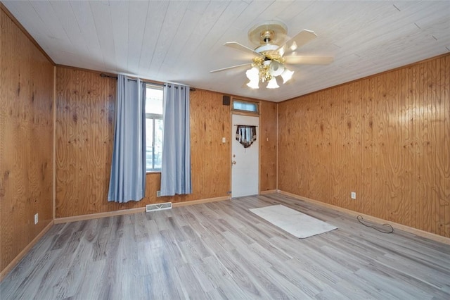 224 Mellon Ave, Donora, PA 15033 - unfurnished room featuring light wood-style flooring, wood walls, a ceiling fan, and wooden ceiling