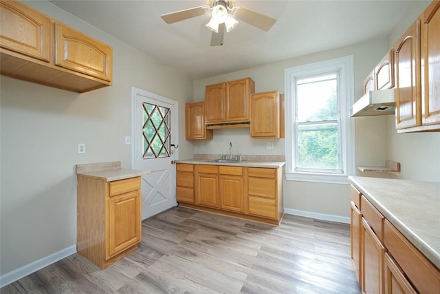224 Mellon Ave, Donora, PA 15033 - kitchen with light countertops, light wood finished floors, a ceiling fan, and light brown cabinetry