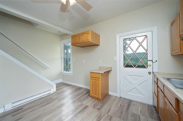 224 Mellon Ave, Donora, PA 15033 - kitchen featuring a baseboard heating unit, light wood-style floors, light countertops, and ceiling fan