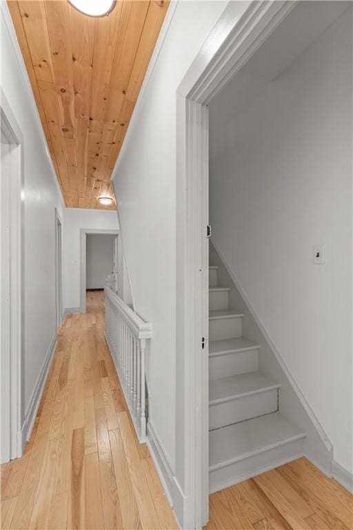 841 Stanton Ave, Millvale, PA 15209 - hallway with wood-type flooring, wooden ceiling, built in features, and stairs