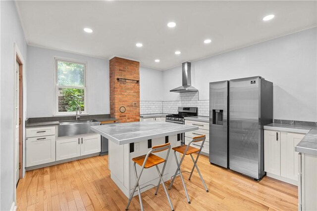 841 Stanton Ave, Millvale, PA 15209 - kitchen featuring appliances with stainless steel finishes, stainless steel counters, wall chimney exhaust hood, white cabinetry, and backsplash