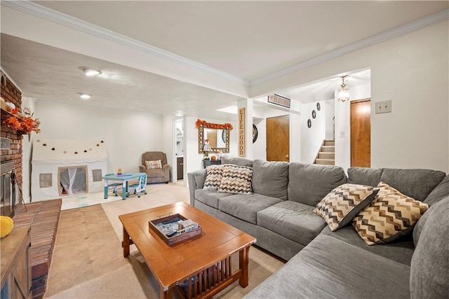 524 Sandy Hill Rd, Manor, PA 15642 - living room with stairs, crown molding, carpet floors, and a fireplace
