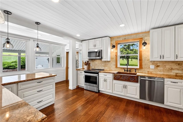 260 Stouffer Hill Rd, Somerset Twp, PA 15541 - kitchen featuring stainless steel appliances, white cabinets, decorative light fixtures, dark wood-type flooring, and tasteful backsplash