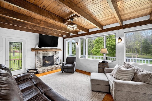 260 Stouffer Hill Rd, Somerset Twp, PA 15541 - living room featuring wood finished floors, a wood ceiling with exposed beams, a fireplace, and wood walls