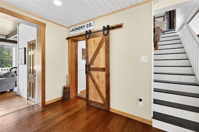 260 Stouffer Hill Rd, Somerset Twp, PA 15541 - interior space featuring a barn door, wood finished floors, crown molding, wooden ceiling, and recessed lighting