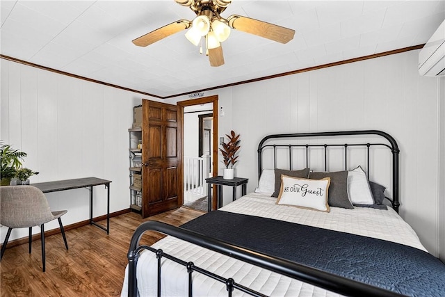 260 Stouffer Hill Rd, Somerset Twp, PA 15541 - bedroom with wood finished floors, a wall mounted air conditioner, crown molding, and a ceiling fan