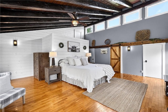 260 Stouffer Hill Rd, Somerset Twp, PA 15541 - bedroom featuring light wood-style floors, wood walls, and a wood ceiling with exposed beams
