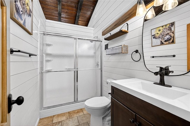 260 Stouffer Hill Rd, Somerset Twp, PA 15541 - full bath with a wooden ceiling with exposed beams, wood walls, vanity, a shower stall, and tile patterned floors