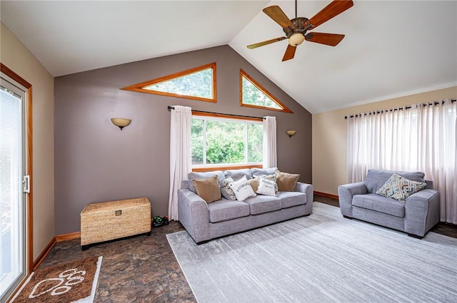 4025 Holiday Park Dr, Murrysville, PA 15668 - living room featuring ceiling fan and high vaulted ceiling