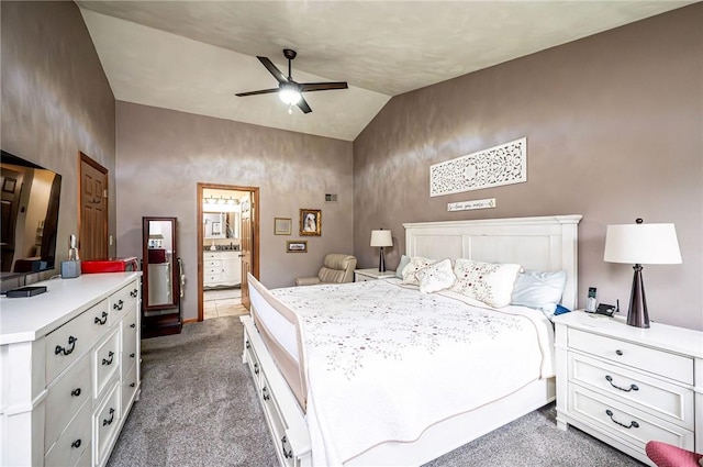4025 Holiday Park Dr, Murrysville, PA 15668 - bedroom featuring dark colored carpet, vaulted ceiling, ensuite bathroom, and ceiling fan