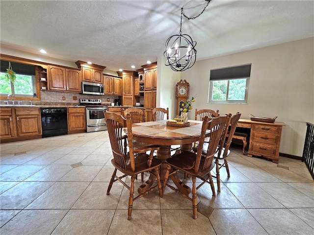 15 Pineview Ests, Sewickley Twp, PA 15089 - dining room with a chandelier, recessed lighting, light tile patterned floors, and a textured ceiling