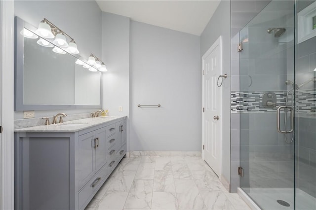 54 Colony Oaks Dr, Shaler, PA 15209 - bathroom featuring double vanity, a stall shower, and marble finish flooring