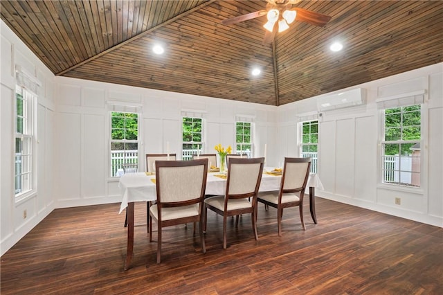 54 Colony Oaks Dr, Shaler, PA 15209 - dining space featuring a decorative wall, high vaulted ceiling, a wall mounted air conditioner, dark wood-type flooring, and a ceiling fan