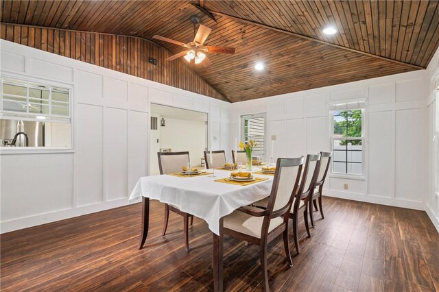 54 Colony Oaks Dr, Shaler, PA 15209 - dining room featuring a decorative wall, dark wood-style flooring, wooden ceiling, a ceiling fan, and high vaulted ceiling