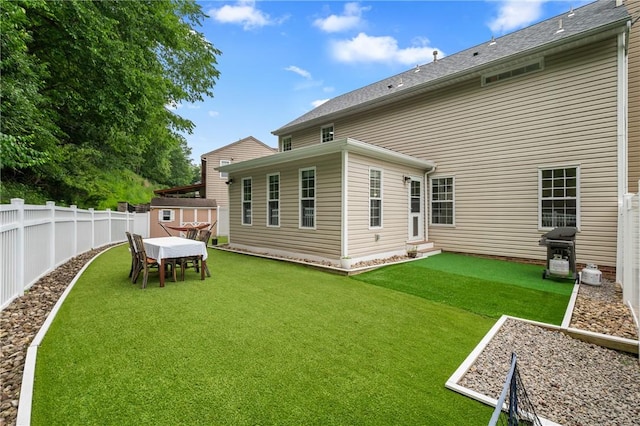 54 Colony Oaks Dr, Shaler, PA 15209 - back of house with entry steps, a fenced backyard, and a storage shed