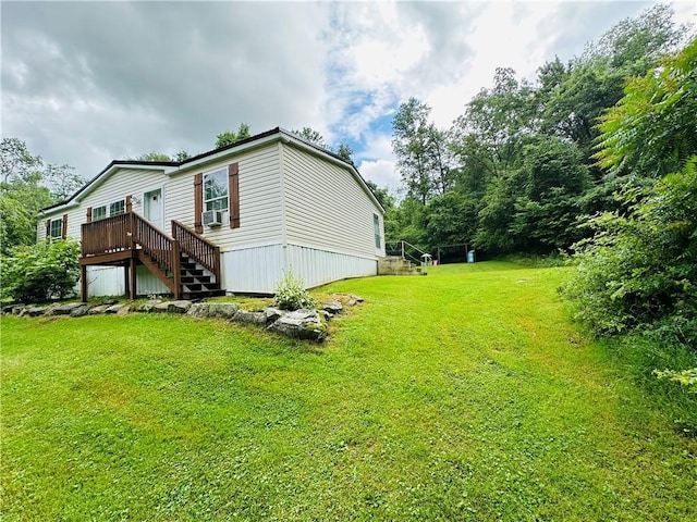 170 Hungarian Rd, Cherry Twp, PA 16057 - view of side of home featuring stairs, a wooden deck, a lawn, and cooling unit