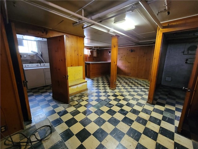 5510 Pocusset St, Squirrel Hill, PA 15217 - below grade area featuring tile patterned floors, washing machine and dryer, and wooden walls