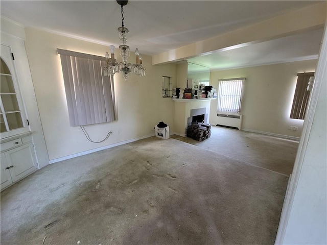 5510 Pocusset St, Squirrel Hill, PA 15217 - unfurnished living room featuring a chandelier, carpet flooring, and ornamental molding