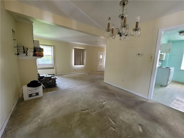 5510 Pocusset St, Squirrel Hill, PA 15217 - unfurnished dining area featuring radiator, a chandelier, and carpet
