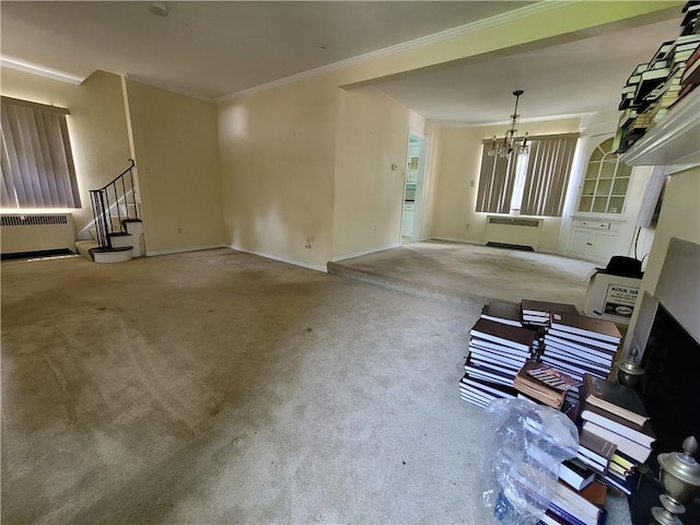 5510 Pocusset St, Squirrel Hill, PA 15217 - unfurnished living room featuring a chandelier, carpet flooring, crown molding, radiator, and stairway