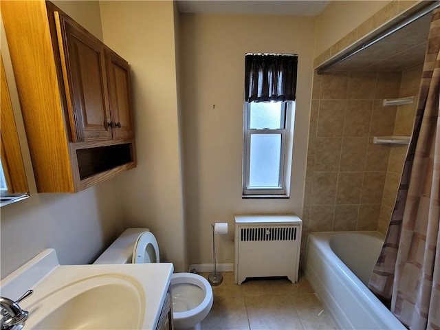 5510 Pocusset St, Squirrel Hill, PA 15217 - bathroom featuring radiator, tile patterned floors, vanity, and shower / tub combo with curtain
