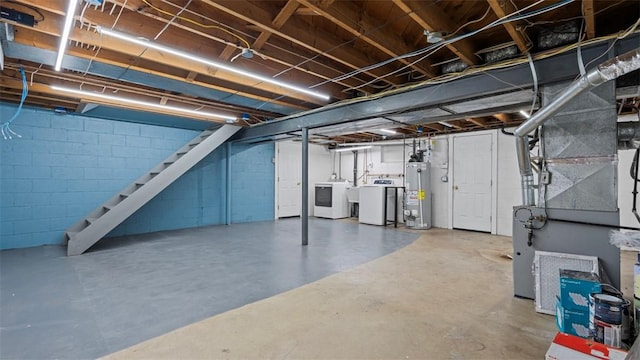6623 Saltsburg Rd, Penn Hills, PA 15235 - unfinished basement featuring water heater, separate washer and dryer, stairway, and heating unit