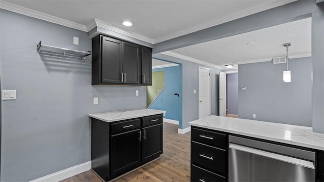 6623 Saltsburg Rd, Penn Hills, PA 15235 - kitchen featuring stainless steel dishwasher, dark cabinetry, light wood-type flooring, light stone countertops, and crown molding